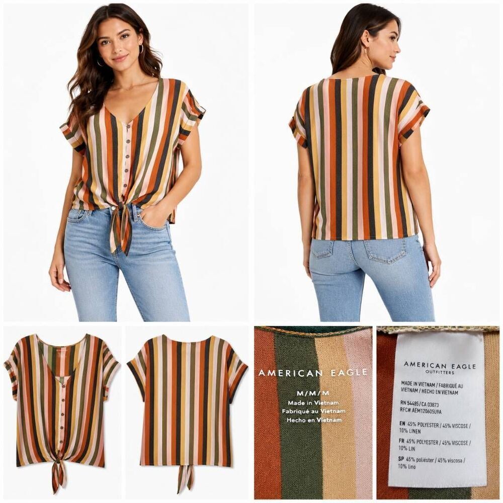 American Eagle Medium Vertical Stripe Button Down SS Top